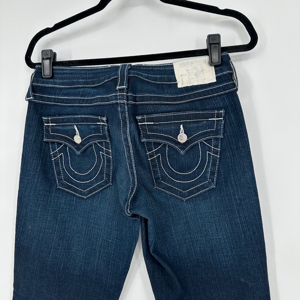 True Religion Becky Rhinestone Flare Blue Denim Jeans Low Rise Y2K 28 Silver Tag